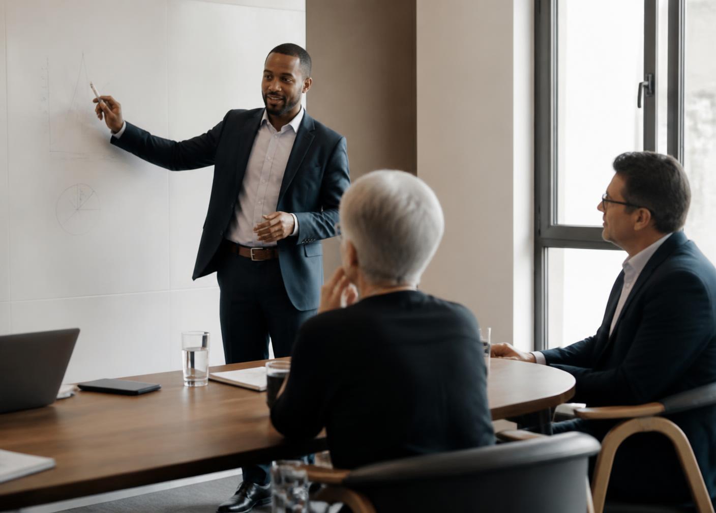 Consultor apresentando um plano comercial para executivos em sala de reunião